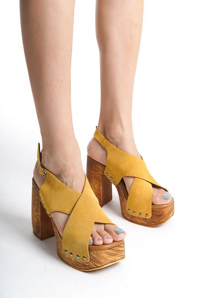 Mubiano Collection Sandale de damă din piele intoarsa mustarda - Mcgvn1502