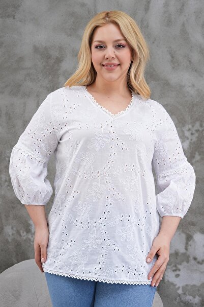 Siyezen Plus Size Scallop Detailed Balloon Sleeve Blouse