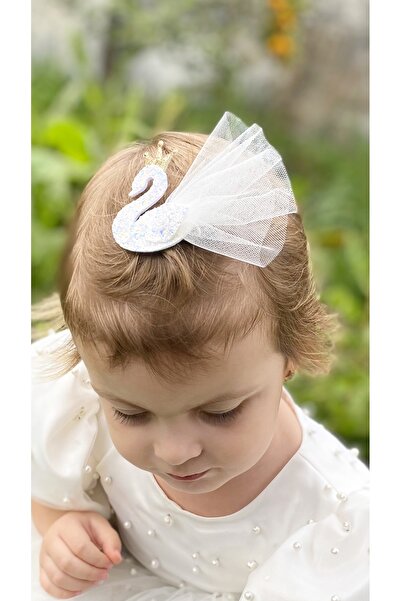 Sahici Anne Simli Kuğu Klipsli Çocuk Tokası 8cm- white