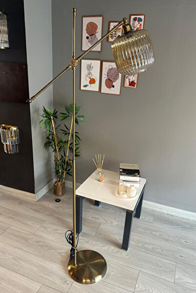 Bamyum Bal Rengi Cam Lambader Modern Dekoratif Metal Oturma Odası Çalışma Odası Zemin Lambası