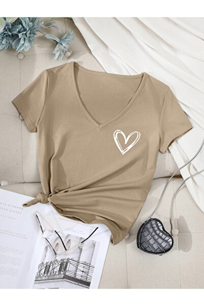 leathermood Μπλουζάκι Oversize με V-Neck Heart Printed Loose Boyfirend