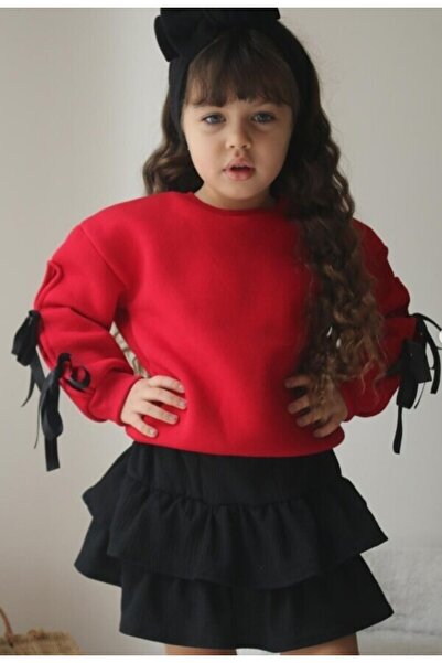 GZT TEKSTİL Children's Girl's Suit with Ribbon Sleeves and Skirt