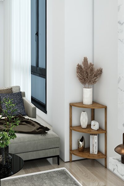 Jest Dekor Konsept Zümrüt Atlantik Çam 3 Katlı Üçgen Ahşap Çok Amaçlı Sehpa /...