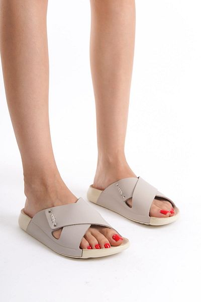Mubiano Summer Women's Cross Strap Genuine Leather Beige Slippers -Mssr56-Bj