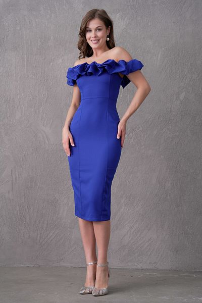 bayansepeti Rochie de seară Midi creion din lemn, fără bretele, din țesătură albastră Atlas, cu design cu fantă rapidă