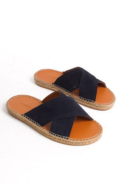 Mubiano Papuci de vară espadrille pentru bărbați - piele de căprioară naturală, curea încrucișată, talpă din iută, albastru bleumarin -mssr5959-lcv