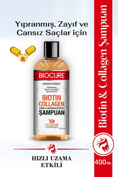 Biocure مركب فيتامين E والبيوتين والكولاجين - شامبو للعناية بالشعر الضعيف والخالي من الحياة