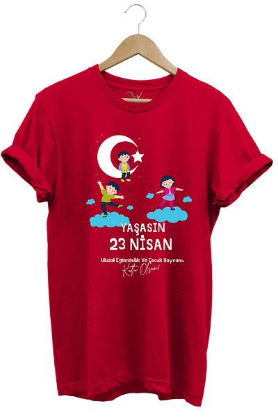 WİDİ 23 April Children's Day Printed 100% Cotton Regular Fit Crew Neck Premium Red T-Shirt