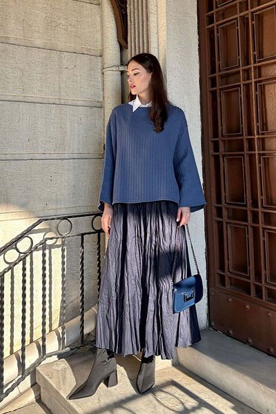 Ceylan Otantik Μποέμικη φούστα Navy Blue Kraşlı