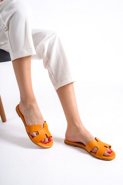 Mubiano 654-orj Sandale și papuci de damă din piele naturală portocalie Espadrille
