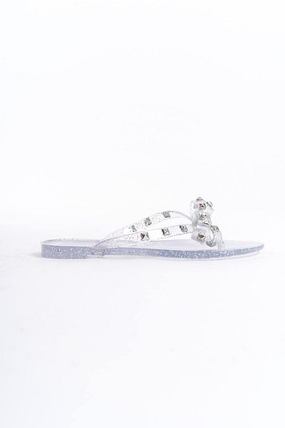 Mubiano Papuci de casă de vară pentru femei, jeleu, gri transparent, cu sclipici, cu fundă-MSTB8282-SGS
