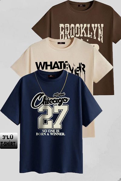 Buğraterzimoda Chicago Printed 3 Pack Unisex Navy Blue-Brown-Beige Oversize T-Shirt