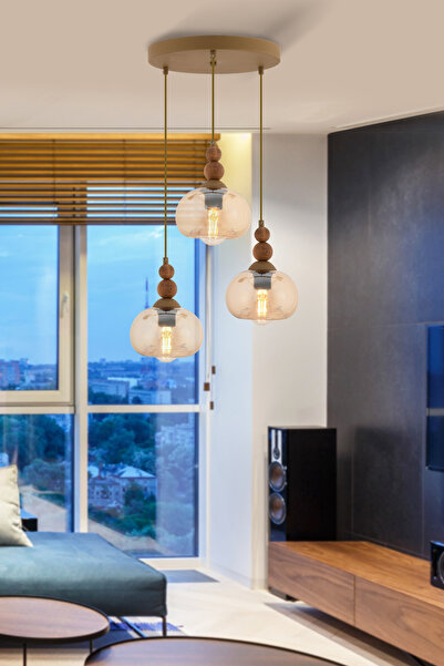 Apliqa Vinta 3'lü Yuvarlak Eskitme Ahşap Detaylı Bohem Salon Sarkıt Avize