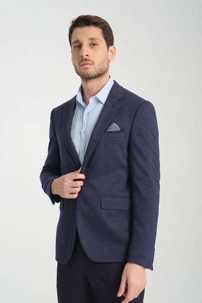 Frappoli Valentye Men's Light Navy Solid Stretchy Knitted Fabric Slim Fit Slim Fit Mono Collar Blazer Jacket
