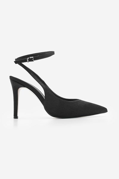 Marjin Damen-Stiletto-Schuhe mit spitzer Zehenpartie und Absatz – gestreift, offener Rücken, schwarzer Satin
