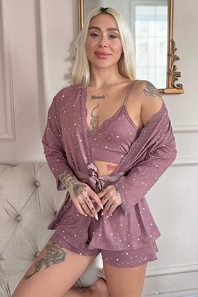 Pijamaevi Set de pijamale de damă cu stele roz închis, cu modele de bambus, pantaloni scurți