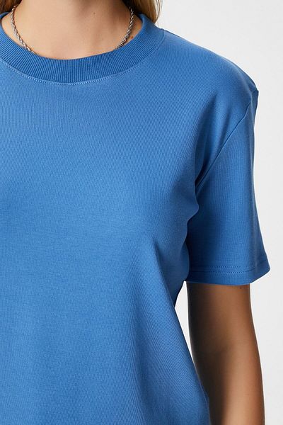 Ritnice Tricou albastru pentru femei Rise Decorative Guler Tok Texture 100% bumbac
