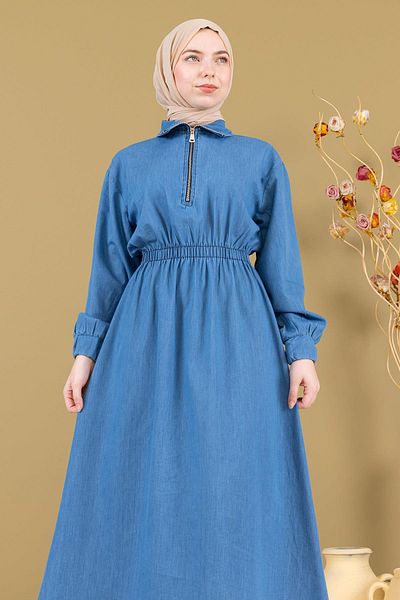 Modamihram Maybe Elastic Denim Dress - Zippered Light Blue 19240
