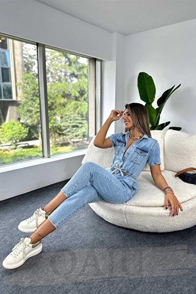 Qaju Women's Light Blue Jean Jumpsuit with Pocket and Waist Tightening (Waist Drawstring) Detail