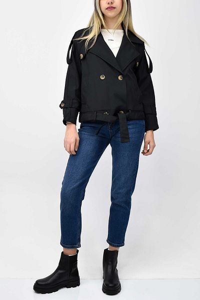 birizmoda Short Trench Coat in Black with Double Breasted Belt and Epaulettes