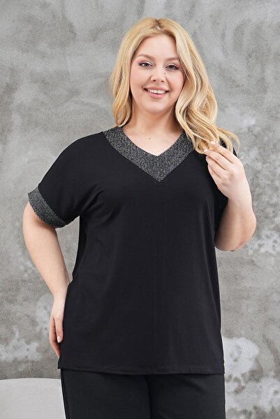 Siyezen Large Size V-Neck Collar Sleeves Glitter Blouse