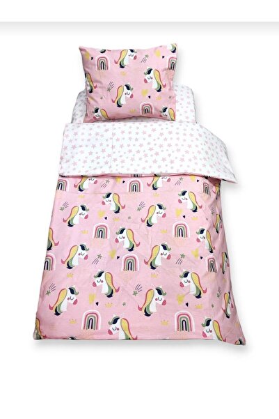 Bebek Özel %100 Pamuklu 60x120 Mobilya Beşik Uyku Seti Pembe Unicorn (10 Parça) (Yorganlı)