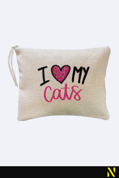 nilizma I Love You My Cats Patterned Linen Handbag