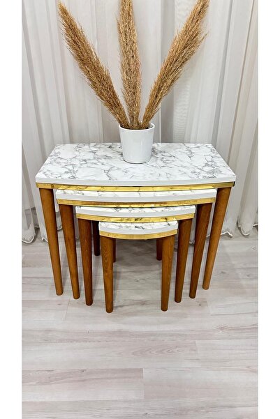 Dekor Beyaz mermer desen ceviz ayak ve gold şeritli 4’lüSehpa