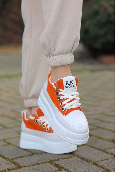 LEYDİ SHOES FRM-018 Αθλητικά παπούτσια με ψηλή σόλα με κορδόνια πορτοκαλί λινό