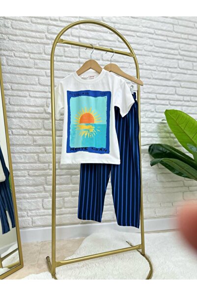 Magu Unisex Kids Sunset Printed Cream T-Shirt and Blue Striped Pants Set