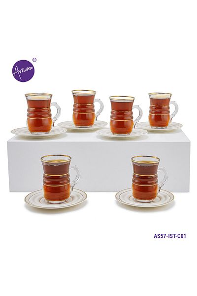 ARTIVIRA AS57-Tea set consisting of 6 clear glass tea cups and 6 saucers made of ceramic with distinctive modern engravings