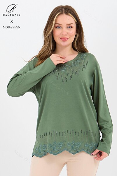 Ravencia بلوزة نسائية من القطن الممشط من الليكرا الخضراء ذات نمط قطرة من الفس...