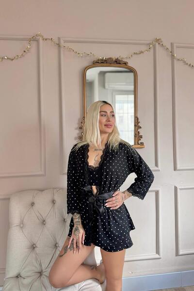 Pijamaevi Black Point Patterned Bamboo Crop Women's Pajama Set with Dressing Shorts