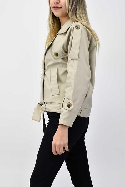 birizmoda Beige Trench Coat Double Breasted Belt and Epaulet