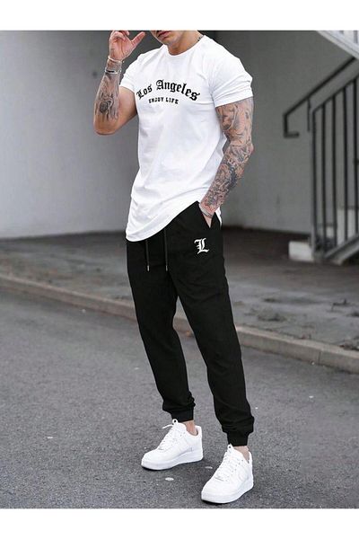 NO 601 Men's White Oval Slim Fit Slim Fit Tshirt Los Angeles Black Summer Tracksuit Bottom Top Set