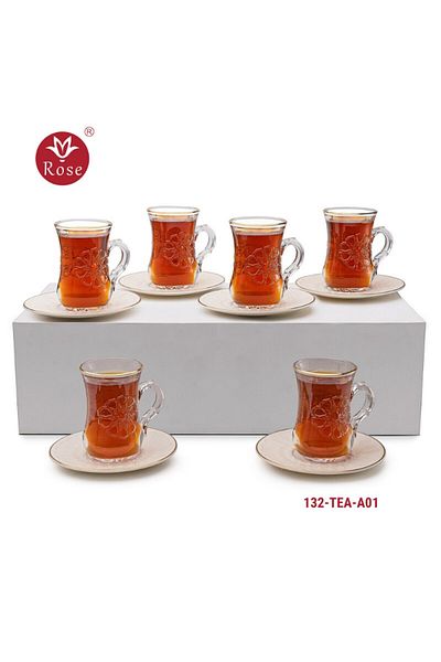 Rose CR-132-Tea set consisting of 6 transparent glass tea cups and 6 saucers made of ceramic with distinctive modern engravings