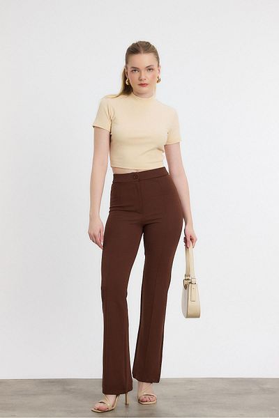 Rays Straight Cut Pants - High Waist Rib Stitching Knitted, Coffee Color
