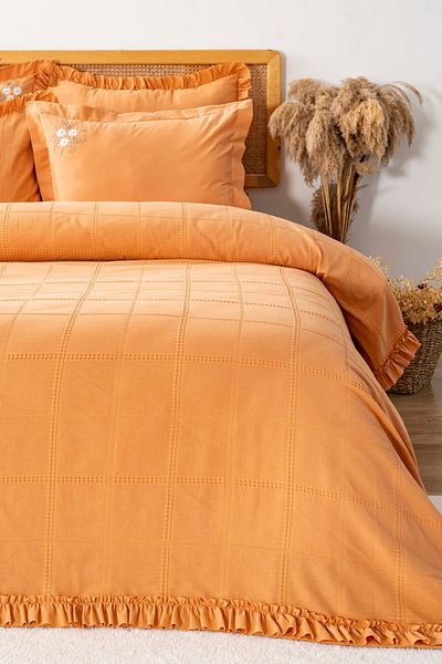 Rivaİstanbul Fiorella Orange Double Embroidered Bedspread Set 6 Piece Sleep & Dowry Set
