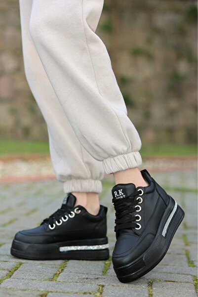 LEYDİ SHOES FRM-018 Yüksek Tabanlı Bağcıklı Siyah Cilt Spor Ayakkabı