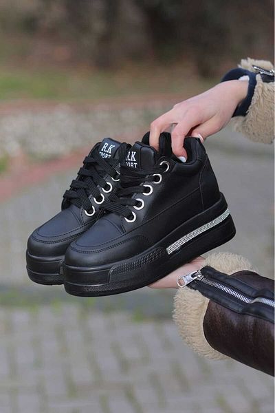 LEYDİ SHOES FRM-018 Pantofi sport din piele neagră cu șireturi cu talpă înaltă