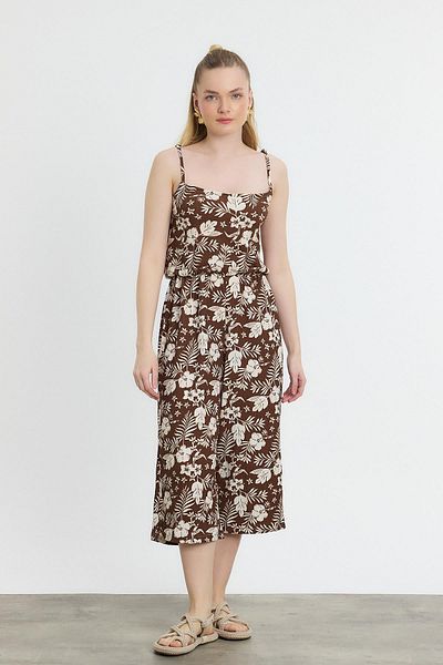 Rays Flower Patterned 6718A Zero Sleeve Jumpsuit Coffee Machine