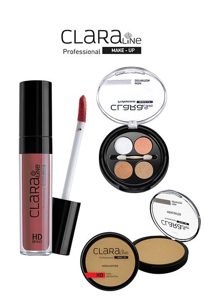 Clara Gilded Glamour Clara Line Lipcream Matte 409+ terracotta highlighter 351 + quadro eyeshadow 282