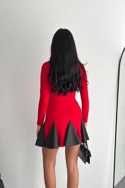 Deafox Red Long Sleeve Skirt Flared Crepe Fabric Dress