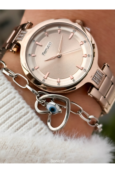 Ferrucci Marka Çelik Kordon 2 Yıl Garantili Su Geçirmez Rose Renk Taşlı Kadın Kol Saati+bileklik