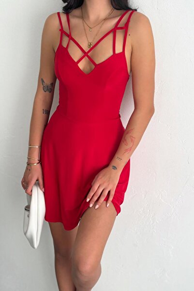 Deafox Kırmızı Askılı Eteği Kloş Sandy Kumaş Elbise