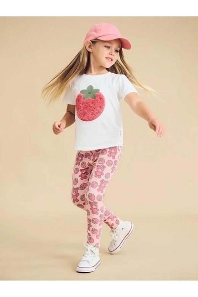Magu Girl's Strawberry Printed White T-Shirt and Patterned Leggings Set