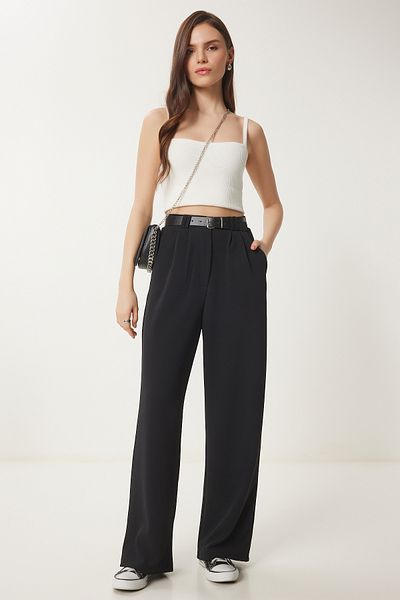 Lovelyİstanbul Comfortable Belted Palazzo Knitted Trousers Black Lrv0093
