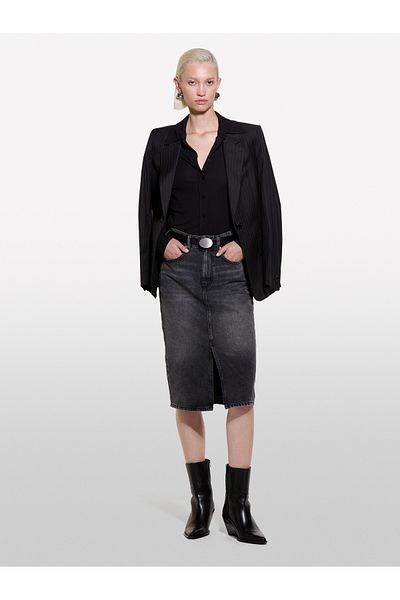 Sisley Women's Black 100% Viscose Slim Fit Buttoned Pointed Collar Jersey Shirt
