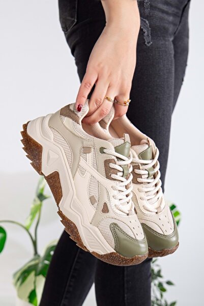 ANALİN SHOES Pantofi sport cu șireturi pentru femei cu talpă înaltă - bej-verde