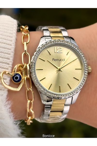 Ferrucci ساعة يد نسائية بحزام فولاذي ذهبي اللون من فيروتشي مقاومة للماء + سوار